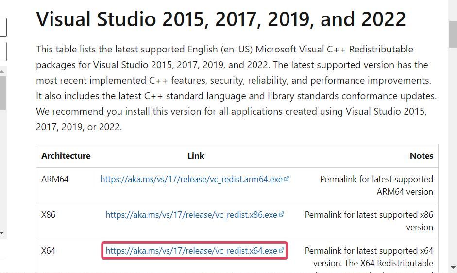 Visual Studio 2015-2022 的 X64 下载链接