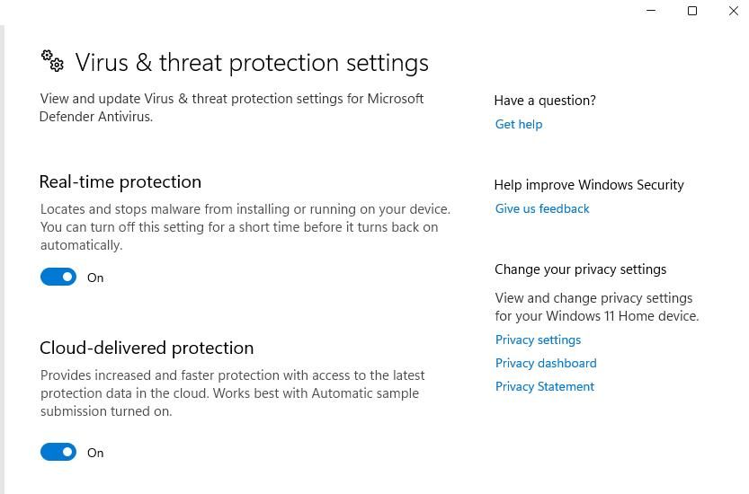Windows 安全中的实时保护选项 