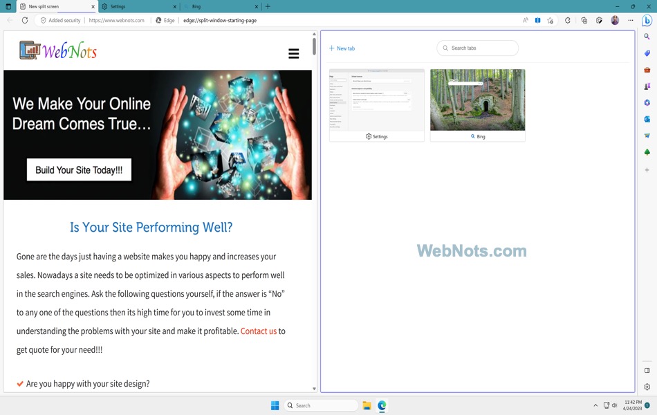 带分屏视图的 Microsoft Edge 浏览器