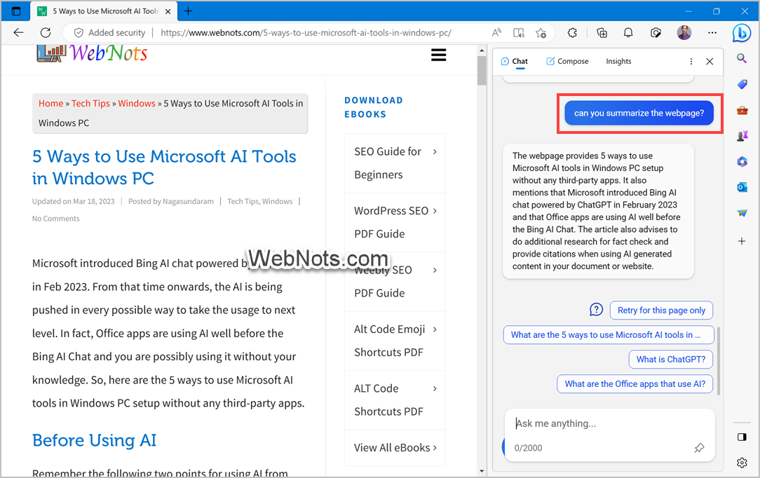 在 Edge 中使用 Bing AI 汇总页面内容