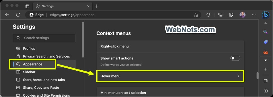 Edge 中的悬停菜单设置