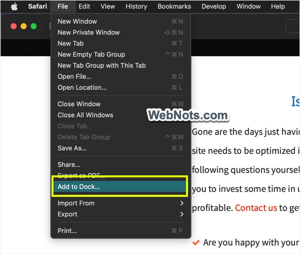 在 Safari Mac 中添加到 Dock 菜单