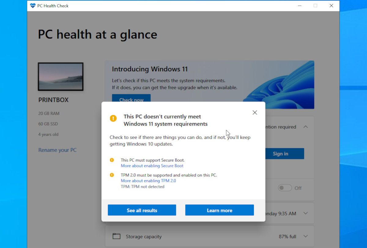 屏幕截图显示 PC 不满足 PC Health Check 应用中 Windows 11 的最低系统要求