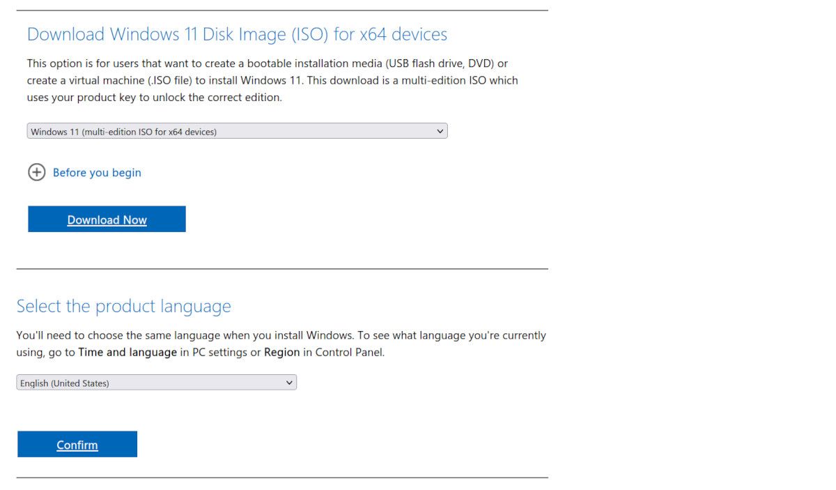 显示 Windows 11 磁盘映像下载页面和选项的屏幕截图