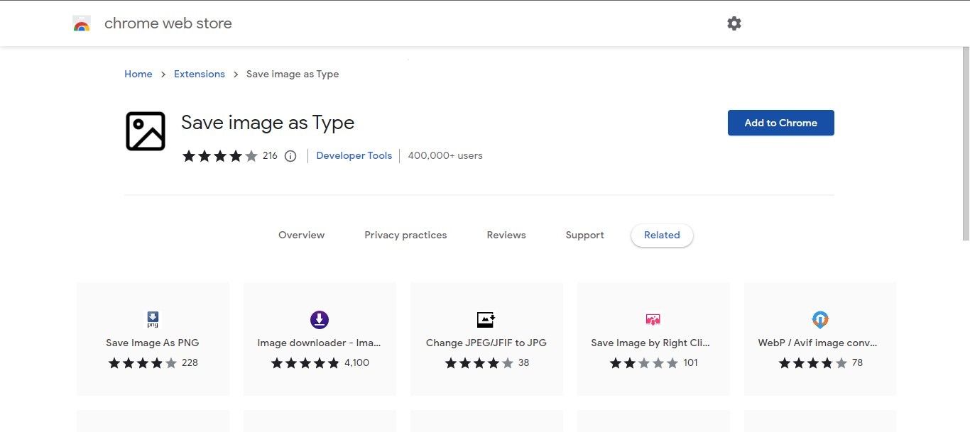 在 Chrome 中添加来自 Chrome Web Store 的 Save Image as Type Extension