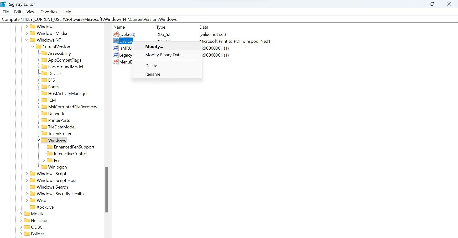 在 Windows 注册表编辑器应用程序中右键单击设备密钥后单击修改按钮