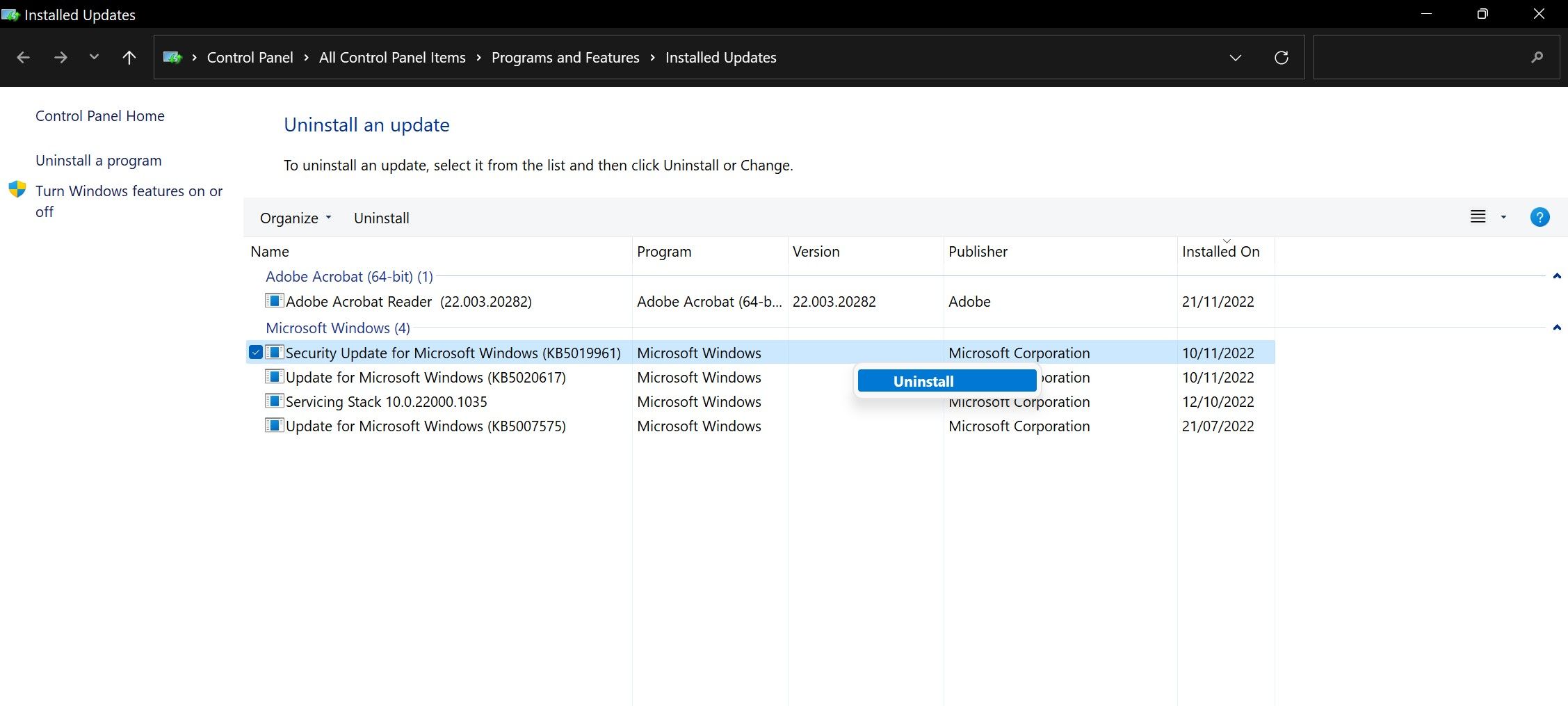在 Windows 控制面板应用程序中找到最近的 Windows 更新后将其卸载