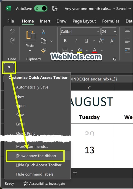 在 Excel 中的功能区上方显示快速访问工具栏