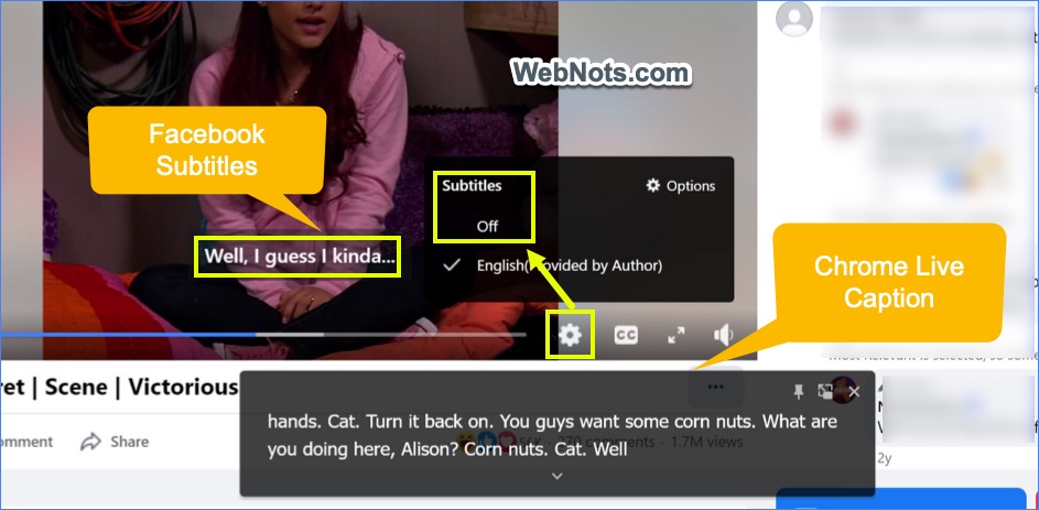 Facebook 中带有 Chrome Live Caption 的视频字幕