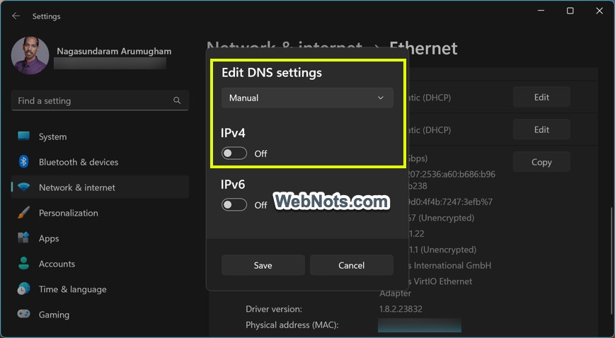 选择手动和 IPv4