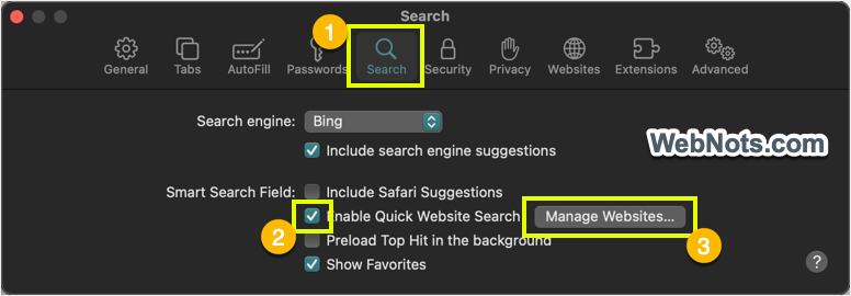 在 Mac Safari 中管理智能搜索字段的网站