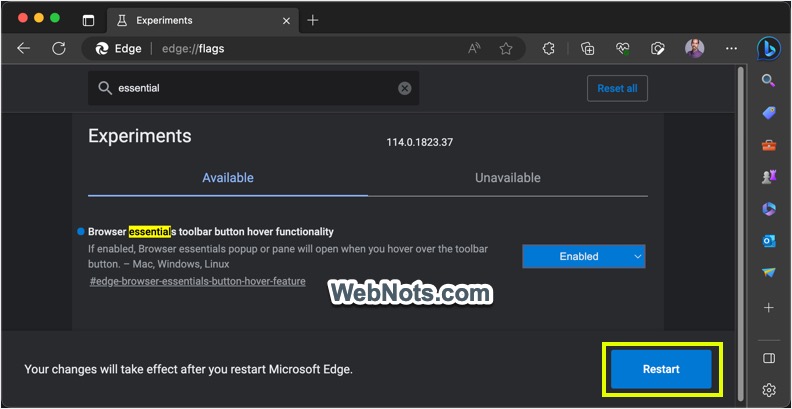 重新启动以在 Edge 中的悬停标志上启用浏览器要素