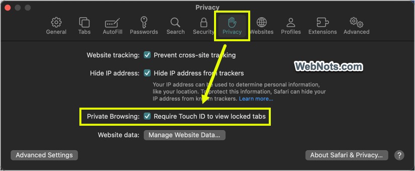 启用 Touch ID 查看锁定的选项卡选项