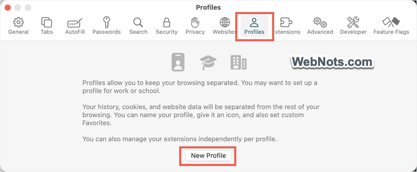 在 Mac Safari 中创建新的 Safari 配置文件