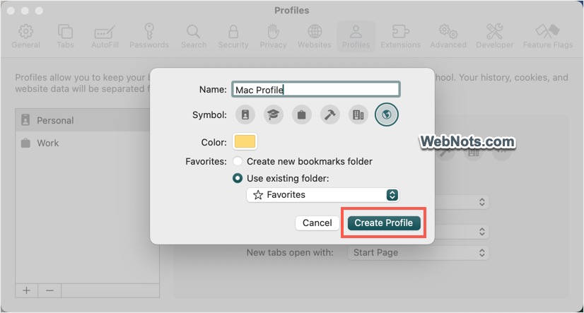 在 Mac 中创建新的 Safari 配置文件