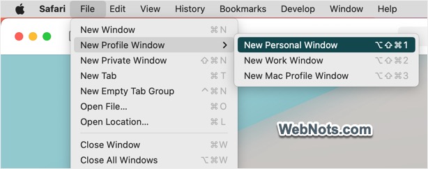 在 Safari Mac 中打开新的配置文件窗口