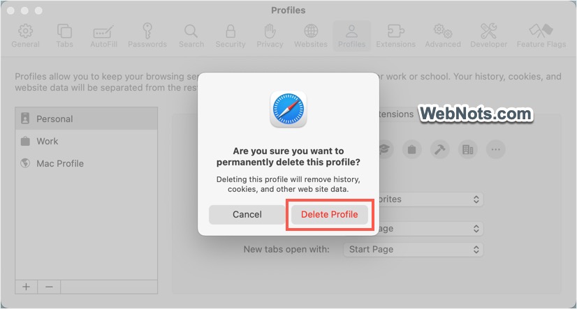 在 Mac 中删除 Safari 配置文件