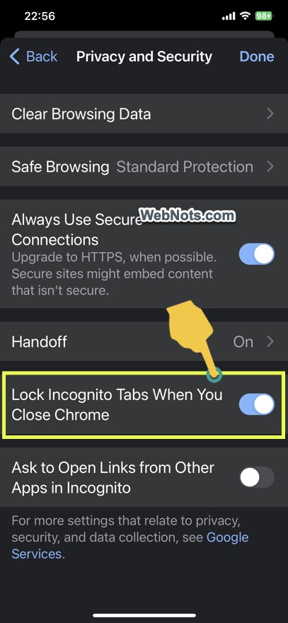在 Chrome 选项中打开锁定隐身选项卡