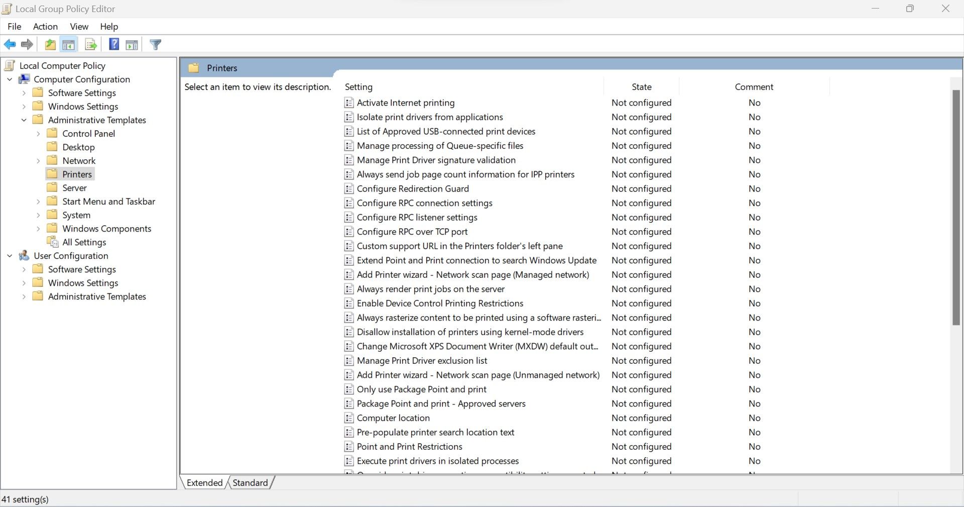 单击 Windows 组策略编辑器应用程序中管理模板下拉列表中的打印机选项