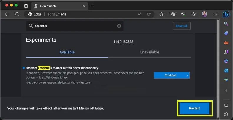 Restart to Enable Browser Essentials on Hover Flag in Edge