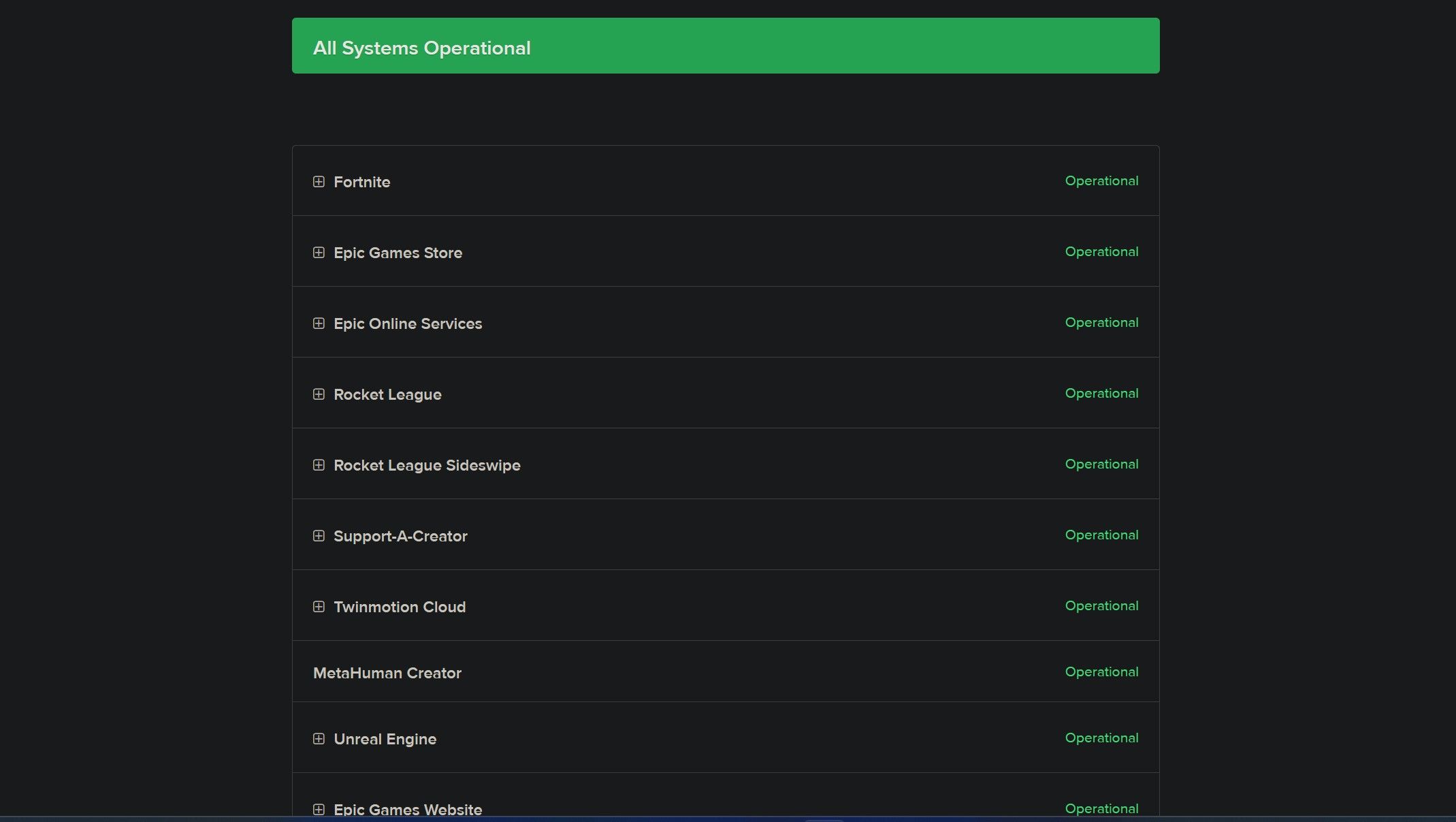 所有系统在 Epic Games 状态页面上显示为可运行