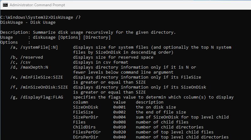 命令提示符中的 DiskUsage 选项列表