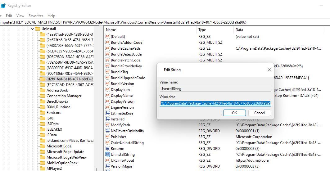 UninstallString 的編輯字串視窗