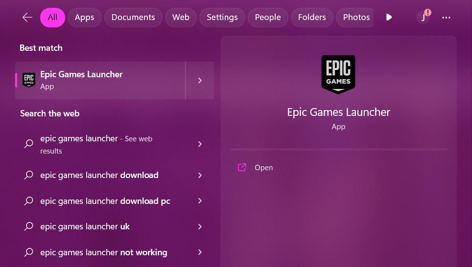 Windows 11 应用程序搜索上的 Epic 游戏启动器