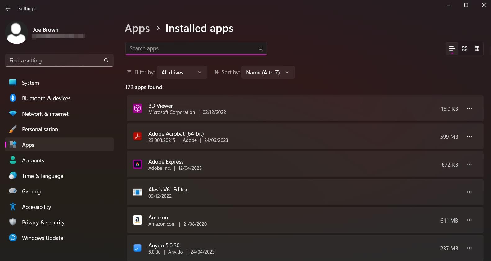 Windows 11 上已安装的应用程序列表