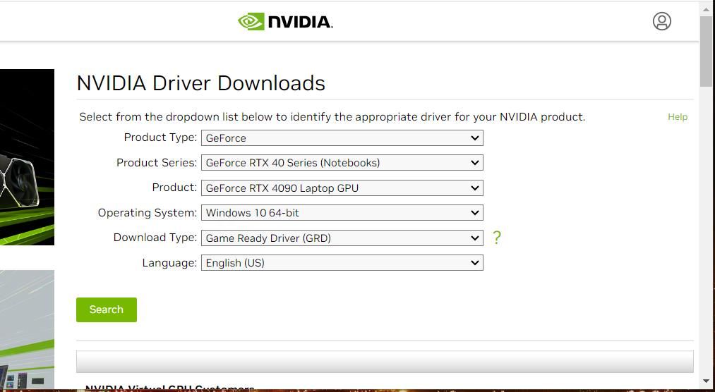 NVIDIA 显卡驱动程序下载页面