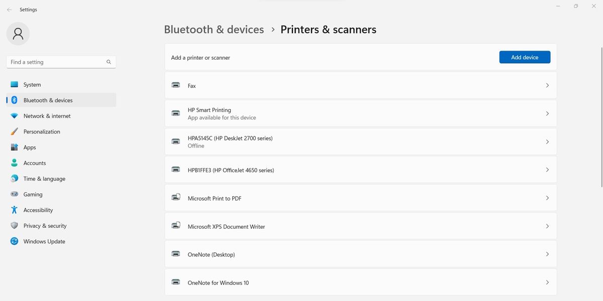 Windows 打印机和扫描仪页面。