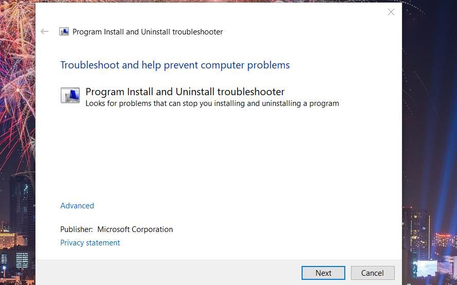 Program Installation and Uninstallation Troubleshooter Window