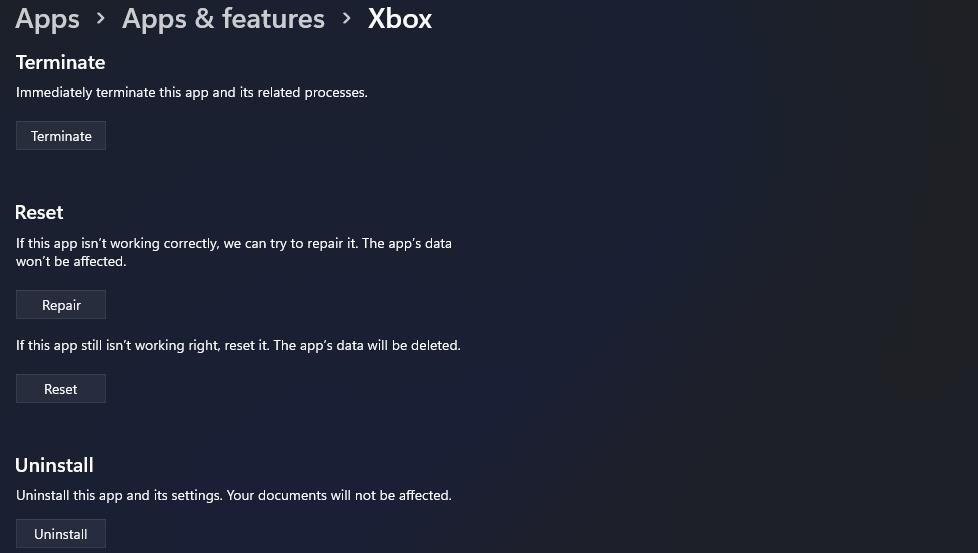 Xbox 应用程序的重置按钮 