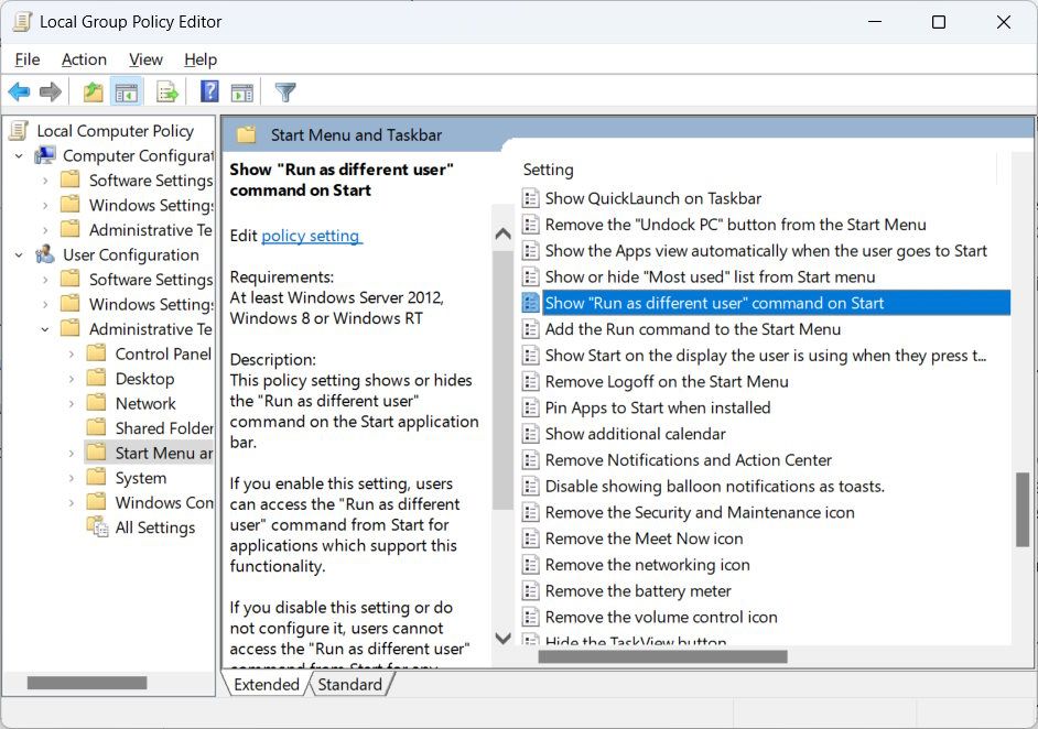 Windows 上本地组策略编辑器中启动策略的显示以不同用户身份运行命令
