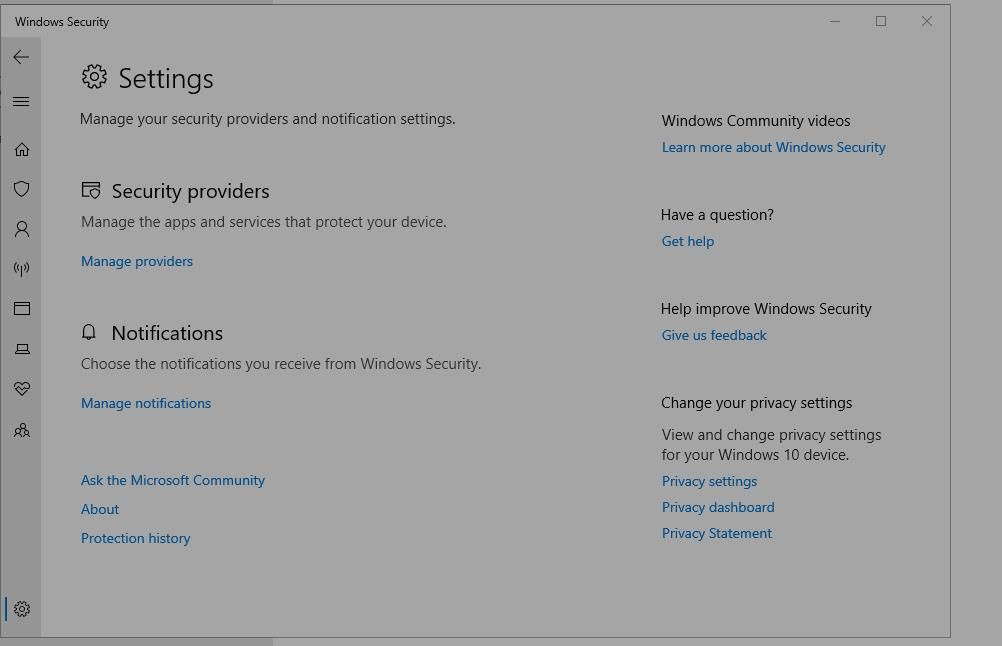 Windows 安全设置页面的屏幕截图