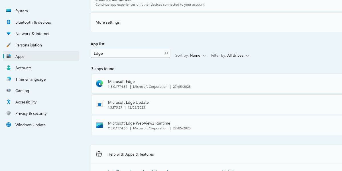 添加或删除程序列表中 Microsoft Edge 的屏幕截图
