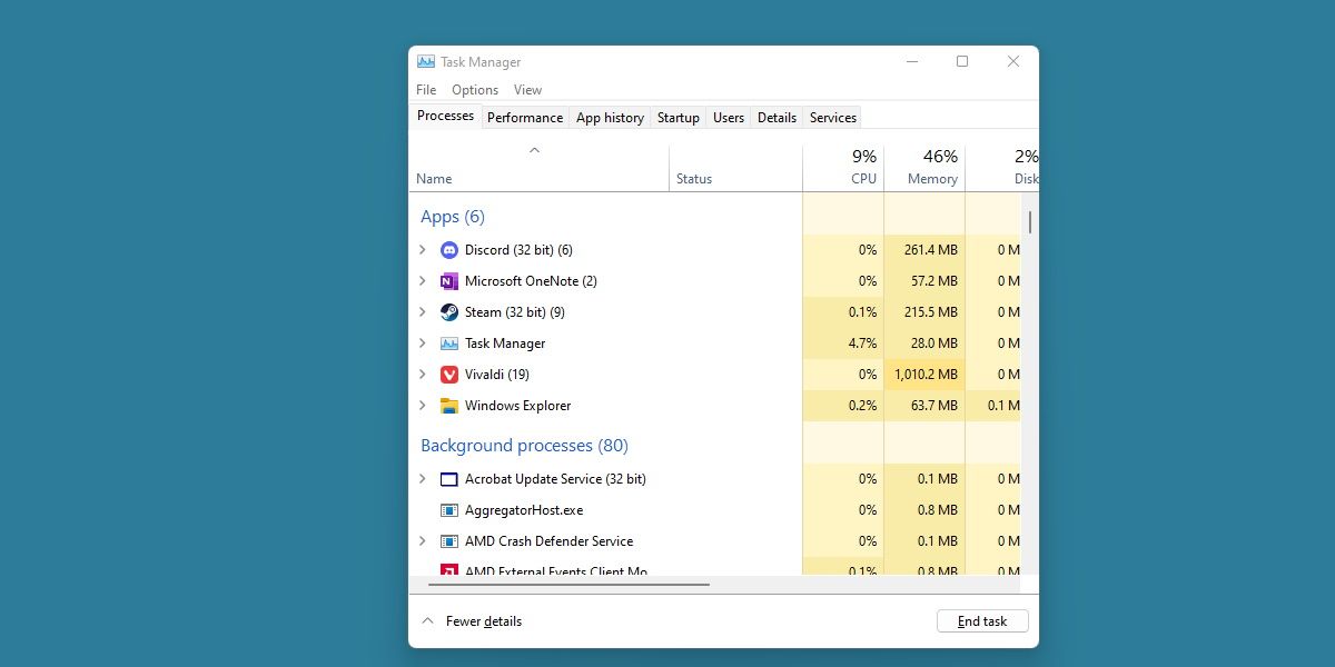 Windows 资源管理器可见的 Windows 任务管理器的屏幕截图