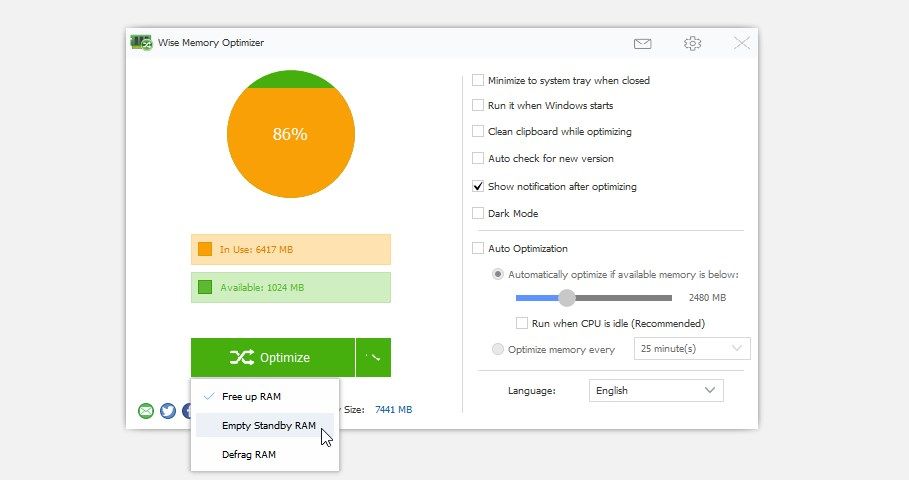 在 Wise Memory Optimizer 工具上选择 Emply Standby RAM 选项