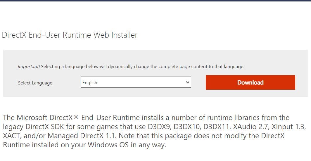 Microsoft DirectX 最终用户运行时的下载选项