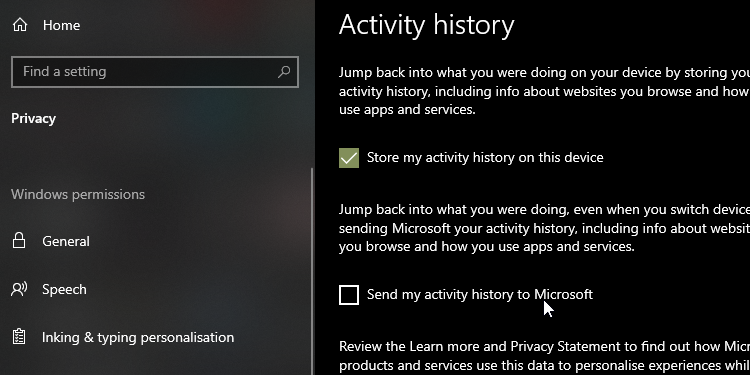 检查 Windows 10 活动历史记录中的选项