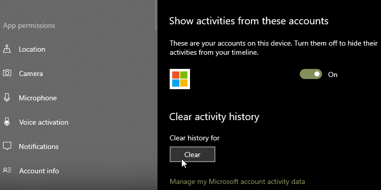 Windows 10 清除活动历史记录