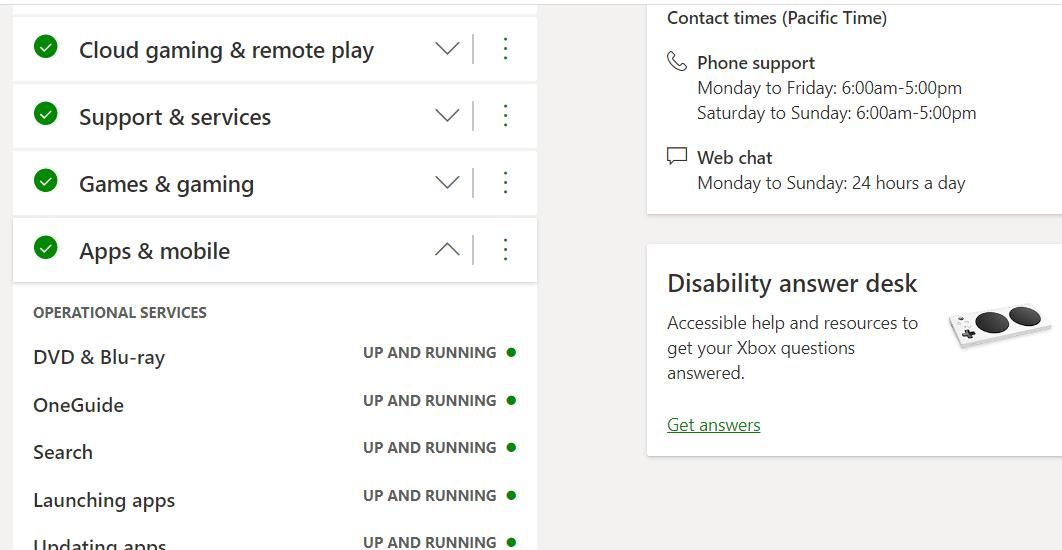 Xbox 服务器状态页面