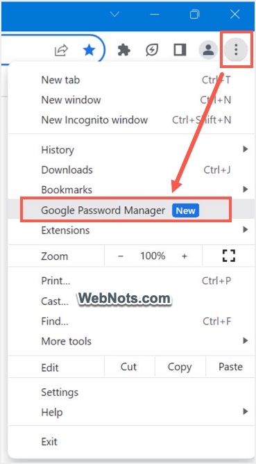 Windows 中的 Google 密码管理器菜单