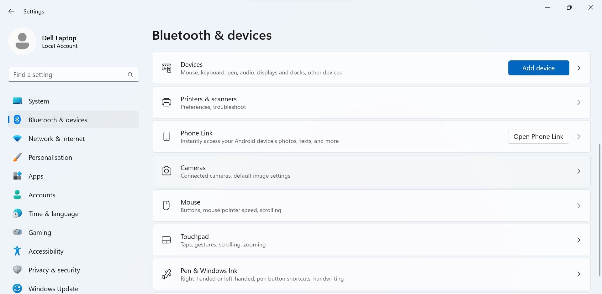 转至 Windows 设置应用程序的蓝牙和设备选项卡中的相机设置