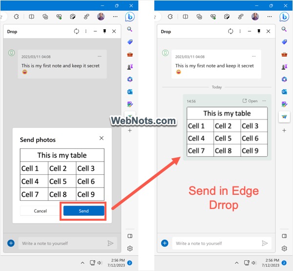 在 Edge Drop 中传输复制的表格图像