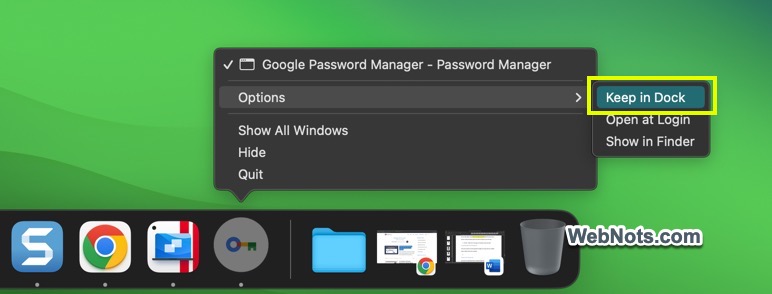 将 Google 密码管理器应用保留在 Mac Dock 中