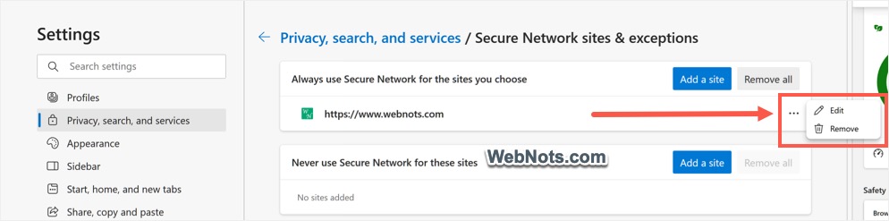 从 VPN 使用列表中删除站点