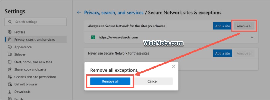 从 VPN 使用列表中删除所有站点