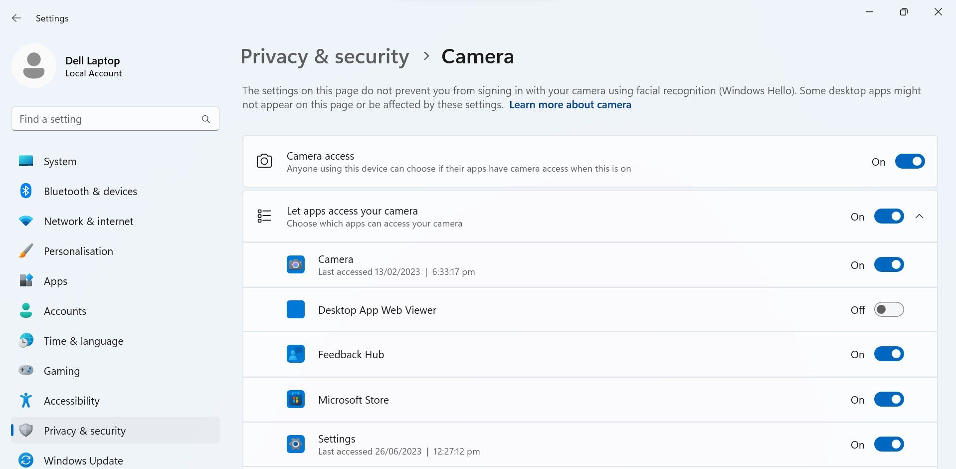 在 Windows 设置应用程序的隐私和安全选项卡中启用相机访问