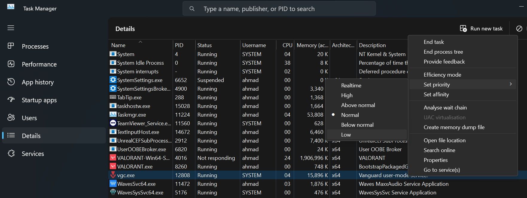 在 Windows 任务管理器的“设置优先级”菜单中更改 Vanguard 用户模式服务进程的优先级